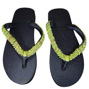 Beaded Flip Flops for Women Summer Style Sandals - (Gold, Green)